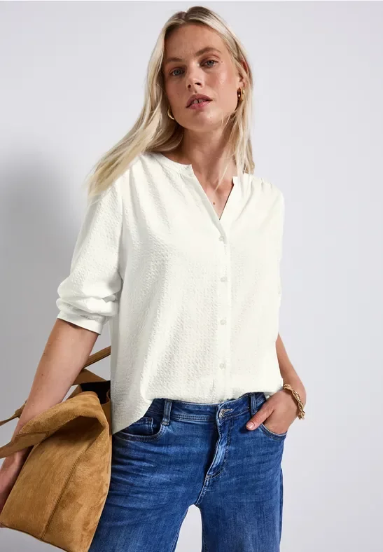 Street One Frauen Split Neck Seersucker Bluse in Weiß, Gr: 38