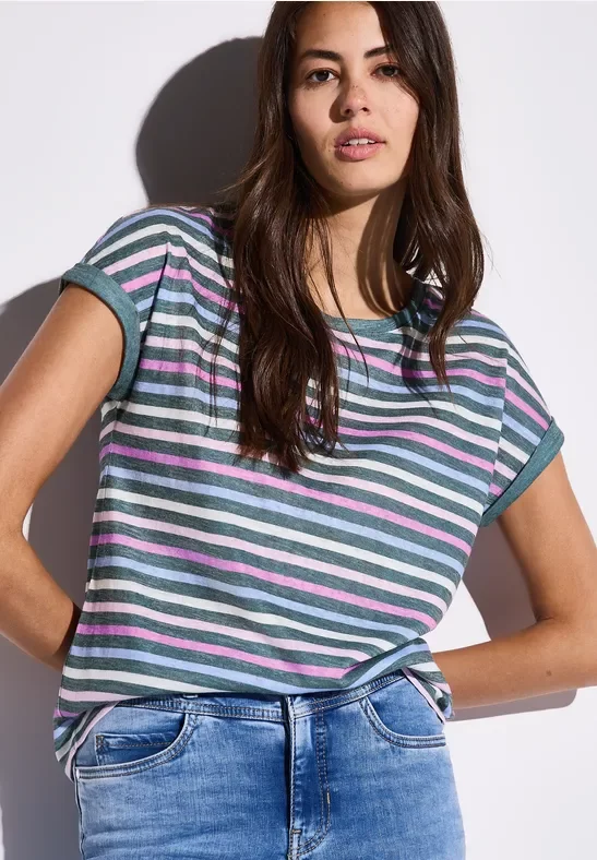 Street One Frauen Leinen-Look Streifen-Shirt in Grün, Gr: 42