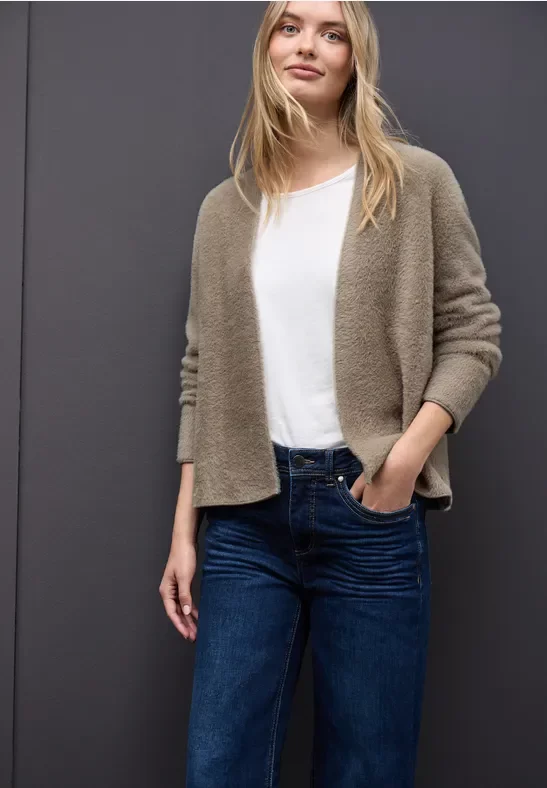 Street One Frauen Offener Federgarn-Cardigan in Beige, Gr: 42