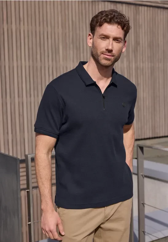 Street One MEN Männer Poloshirt mit Zipper und Struktur in Blau, Gr: L