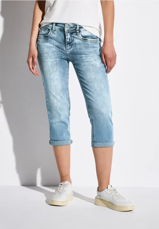 Thumbnail - Street One Frauen 3/4 Jeans mit Glitzer-Detail in Blau, Gr: 28