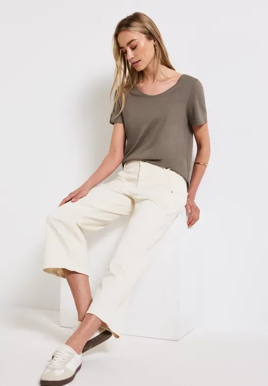 Thumbnail - Street One Frauen Basic T-Shirt in Unifarbe in Braun, Gr: 34