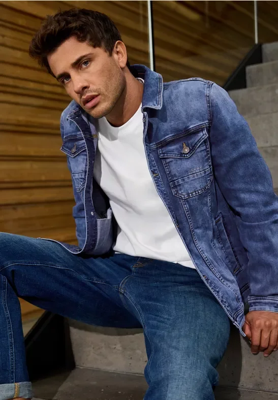 Street One MEN Männer Mittelblaue Jeansjacke in Blau, Gr: XL