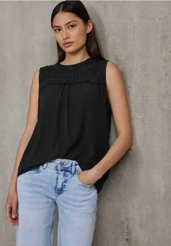 Thumbnail - Street One Studio Frauen Top mit Mesh-Detail in Schwarz, Gr: 44
