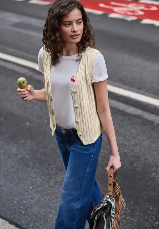 Street One Studio Frauen Weste mit V-Neck und Knopfleiste in Beige, Gr: 34