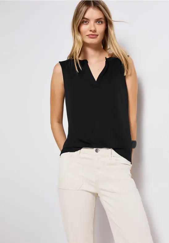 Street One Frauen Split Neck Jersey-Top in Schwarz, Gr: 42