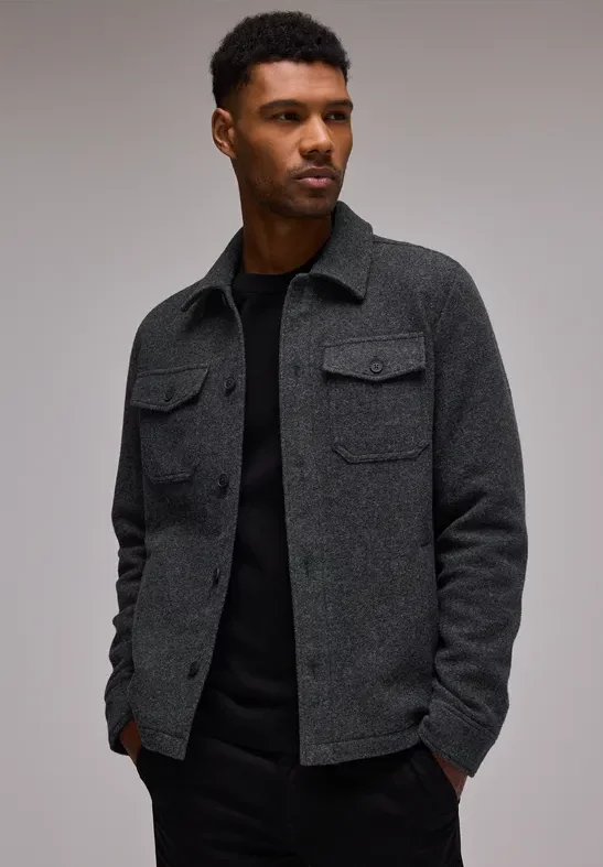 Street One MEN Männer Overshirt in Woll-Optik in Schwarz, Gr: XL