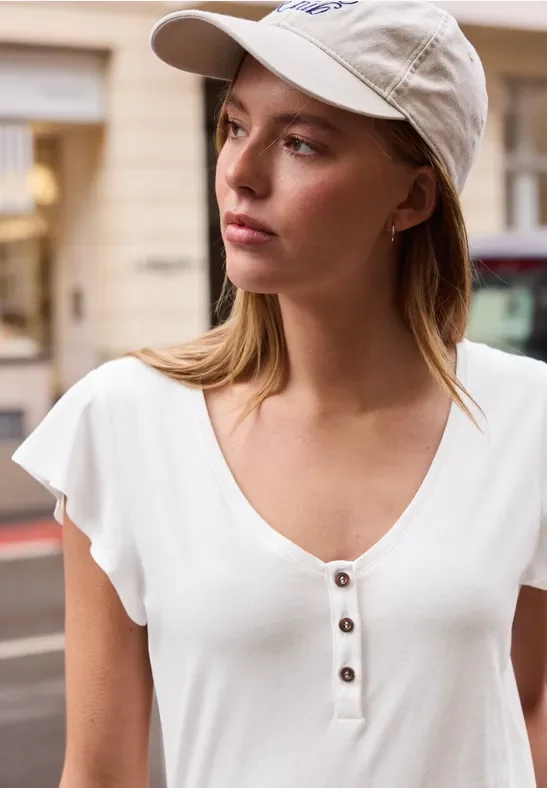 Street One Studio Frauen Shirt mit V-Neck und Volant-Ärmeln in Weiß, Gr: 36