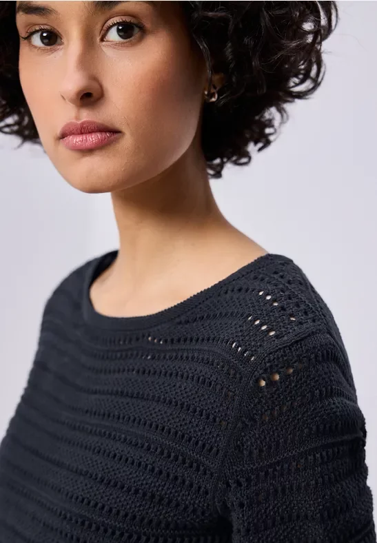 Street One Frauen Langarm Pullover mit U-Boot-Ausschnitt in Blau, Gr: 46