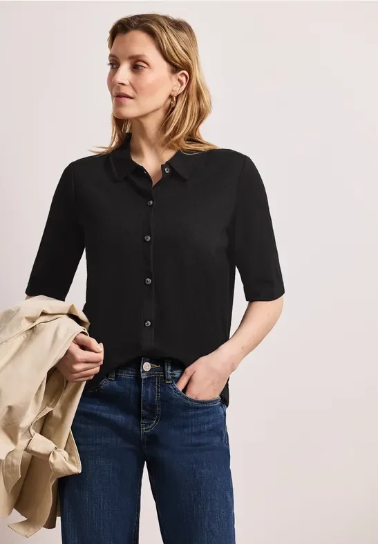 Street One Frauen Kurzarm Shirt mit Knopfleiste in Schwarz, Gr: 36