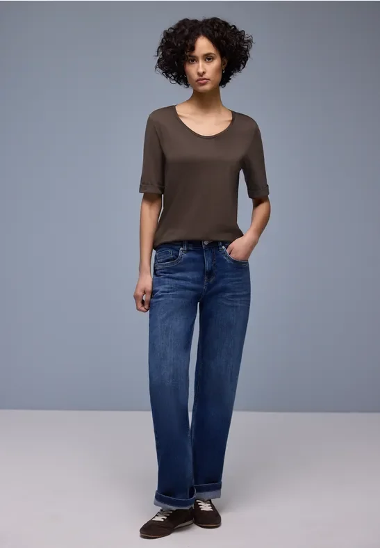 Street One Frauen T-Shirt mit Turn-Up in Braun, Gr: 40