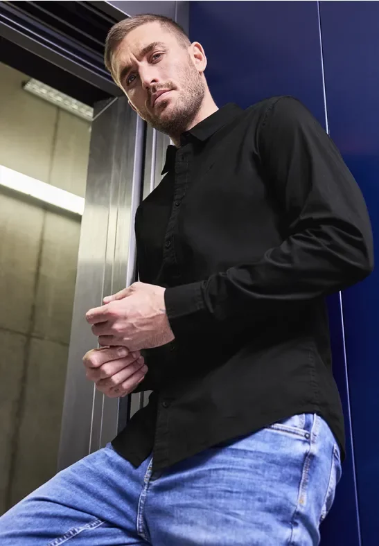 Street One MEN Männer Popeline Stretch Hemd in Schwarz, Gr: 3XL