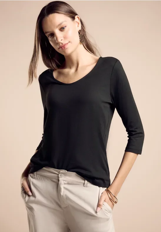 Street One Frauen Shirt mit 3/4-Arm in Schwarz, Gr: 42