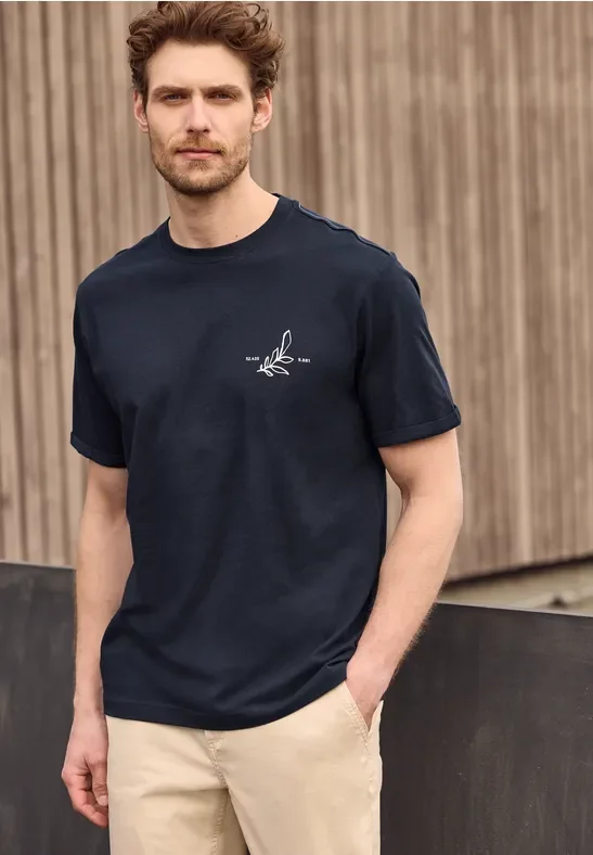 Street One MEN Männer T-Shirt mit Rundhals und Backprint in Blau, Gr: 3XL