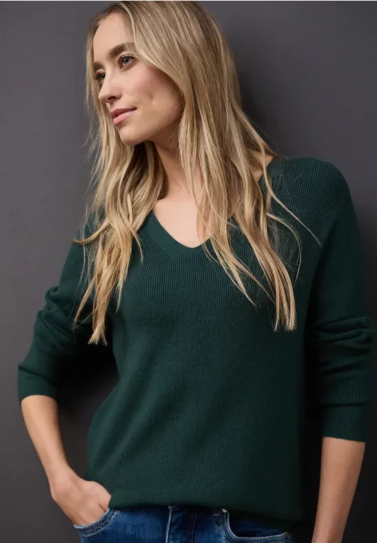 Street One Frauen Basic V-Neck Pullover in Grün, Gr: 46