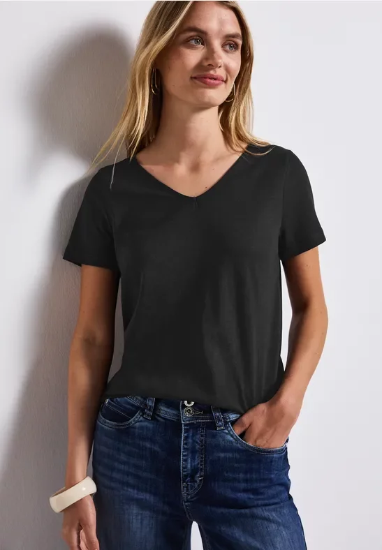 Street One Frauen Basic T-Shirt in Unifarbe in Schwarz, Gr: 34