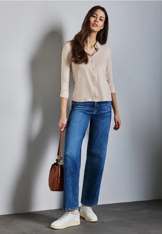 Street One Frauen Jersey-Shirt im Blusen-Look in Beige, Gr: 44