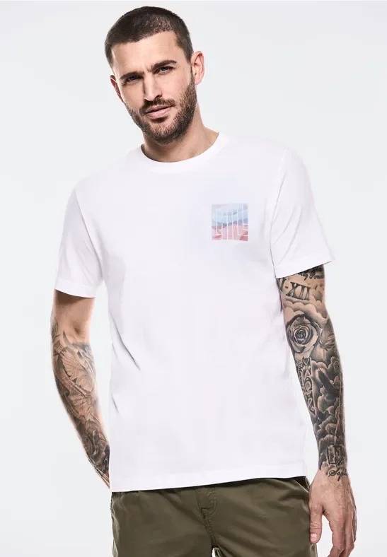 Street One MEN Männer T-Shirt mit Brustprint in Weiß, Gr: XXL