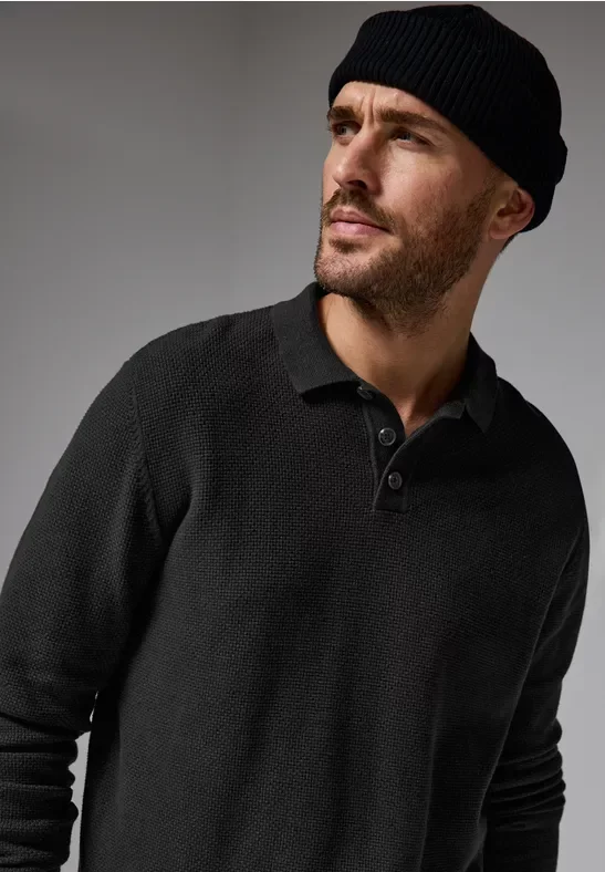 Street One MEN Männer Polo-Strickpullover in Schwarz, Gr: M