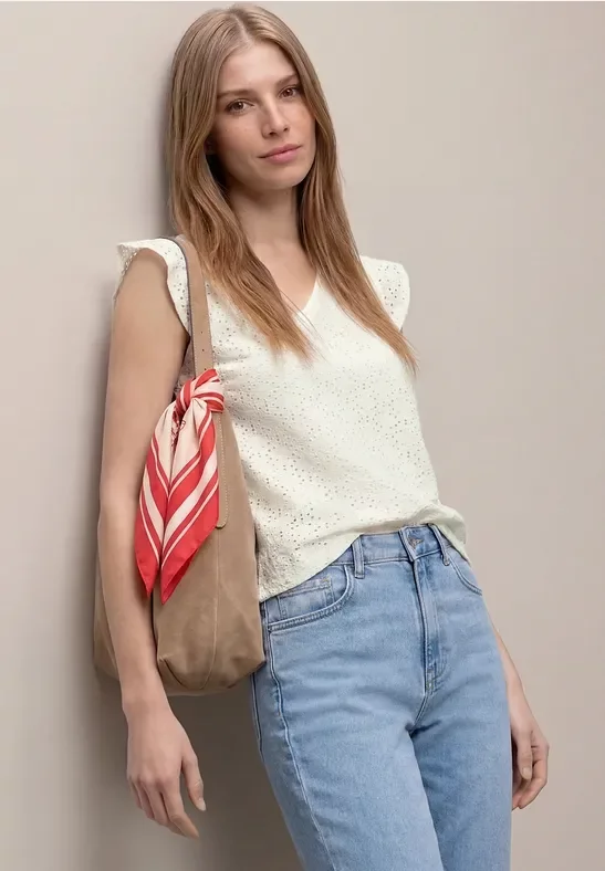 Street One Frauen Top mit V-Neck und Lochspitze in Weiß, Gr: 34