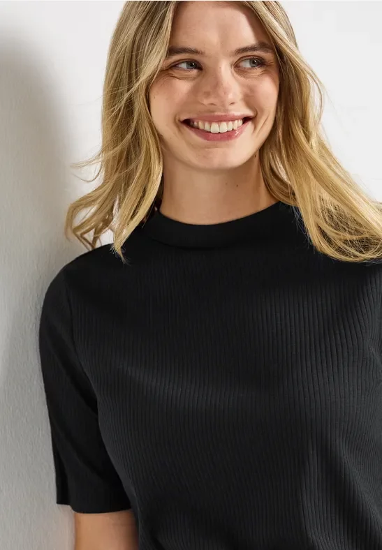 Street One Frauen T-Shirt mit Rippstruktur in Schwarz, Gr: 36