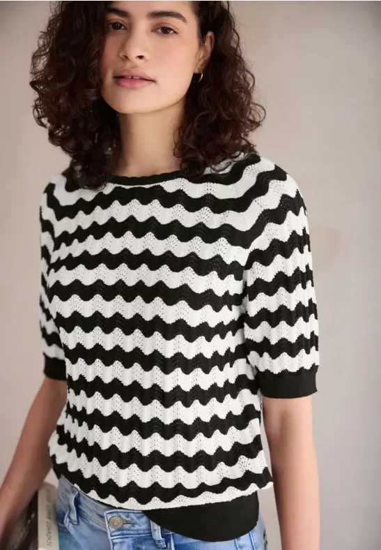 Street One Studio Frauen Gemusterter Pullover in Schwarz, Gr: 36