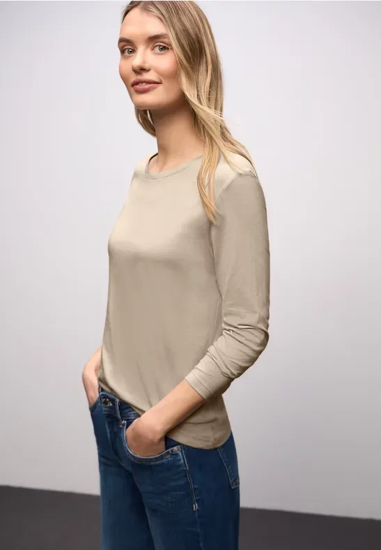 Street One Frauen Basic Rundhalsshirt in Beige, Gr: 44