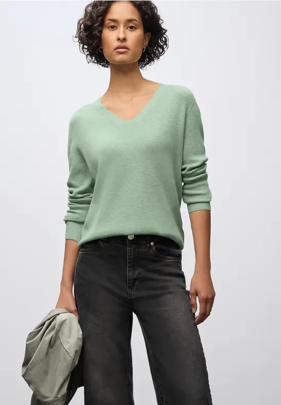 Street One Frauen Basic V-Neck Pullover in Grün, Gr: 36