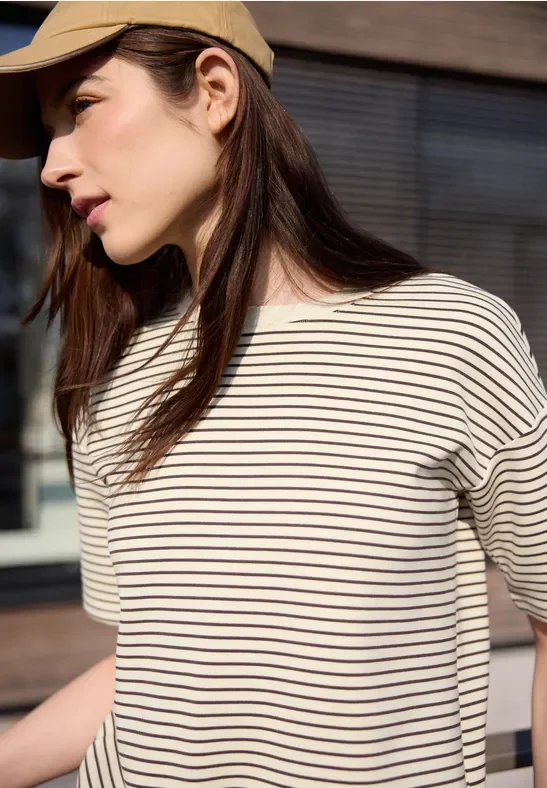 Street One Studio Frauen Fein gestreiftes Scuba T-Shirt in Braun, Gr: 36