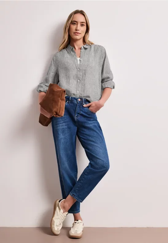 Street One Frauen 3/4-Arm Hemdbluse aus Leinen mit Streifen in Schwarz, Gr: 36