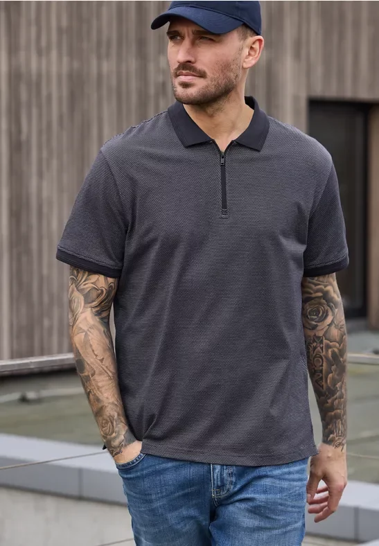 Street One MEN Männer Kurzarm Poloshirt mit Zipperdetail in Blau, Gr: 3XL