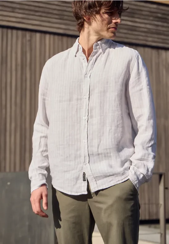 Street One MEN Männer Langarm Hemd aus Leinen mit Streifen in Beige, Gr: XL