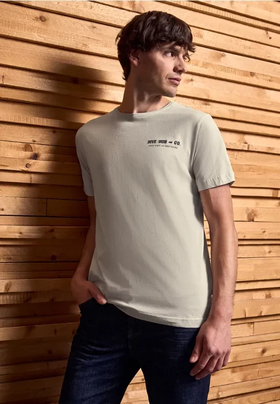 Thumbnail - Street One MEN Männer T-Shirt mit Wording Detail in Beige, Gr: XL