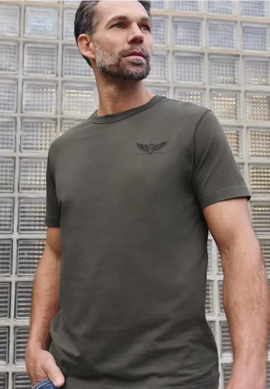 Street One MEN Männer T-Shirt mit kleinem Print in Grau, Gr: M