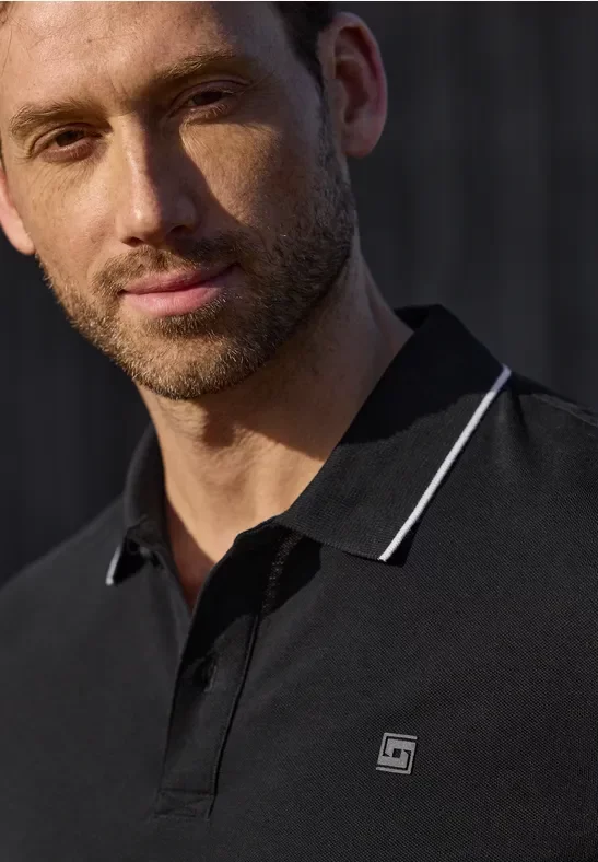 Street One MEN Männer Basic Piqué Poloshirt mit Kontrastdetail in Schwarz, Gr: 3XL