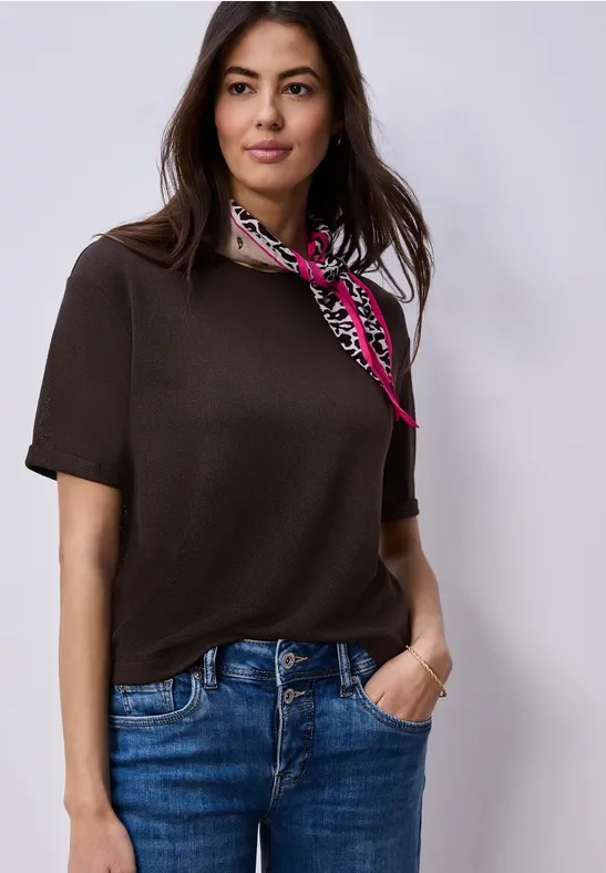 Street One Frauen T-Shirt mit Rundhals im Strick-Look in Braun, Gr: 40