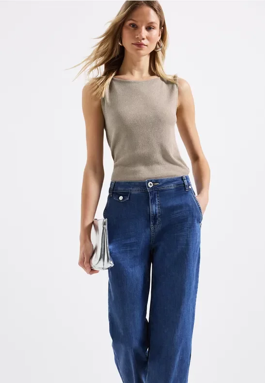 Street One Frauen Glitzerndes Rippstruktur-Top in Beige, Gr: 46