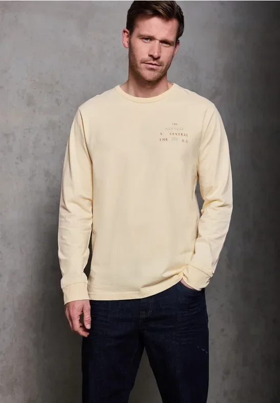 Street One MEN Männer Softes Wording Langarmshirt in Beige, Gr: S