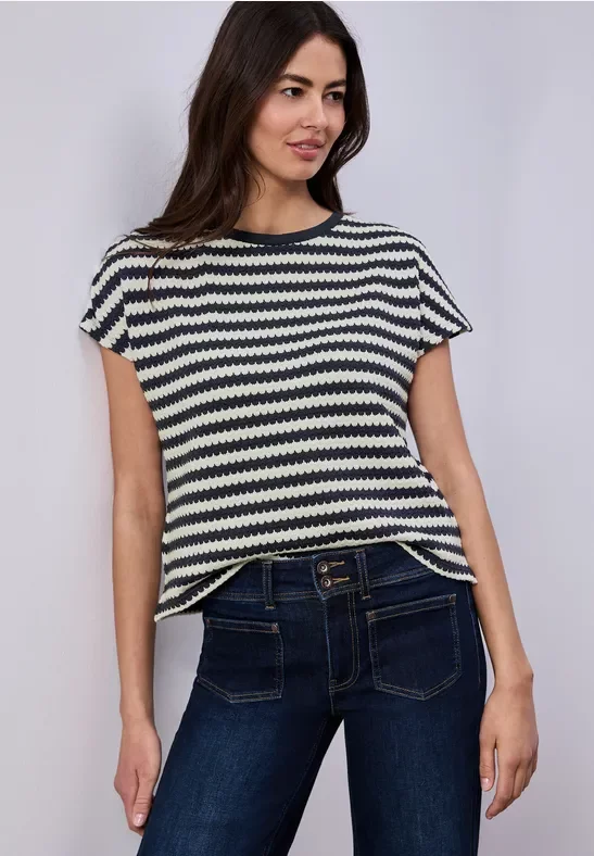 Street One Frauen Dropped Shoulder Shirt mit Streifen in Blau, Gr: 36