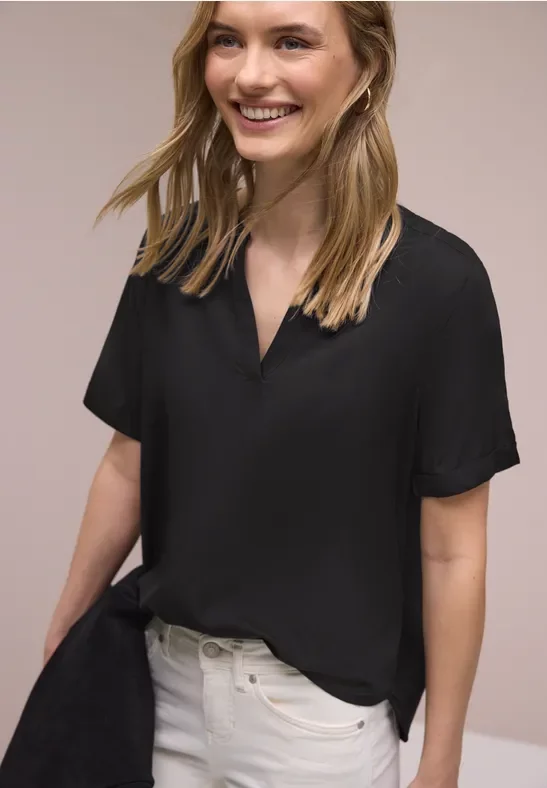 Street One Frauen Bluse mit Split Neck und Turn-Up in Schwarz, Gr: 46
