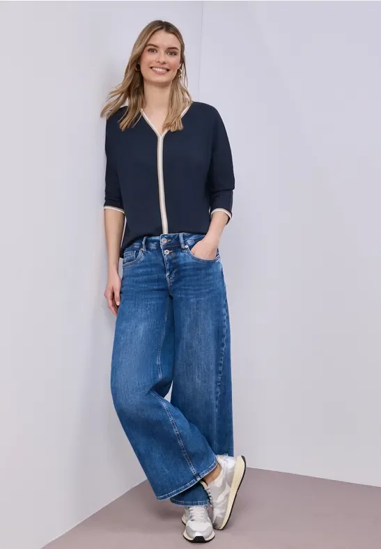 Street One Frauen 3/4-Arm Shirt mit Kontrastdetail in Blau, Gr: 44