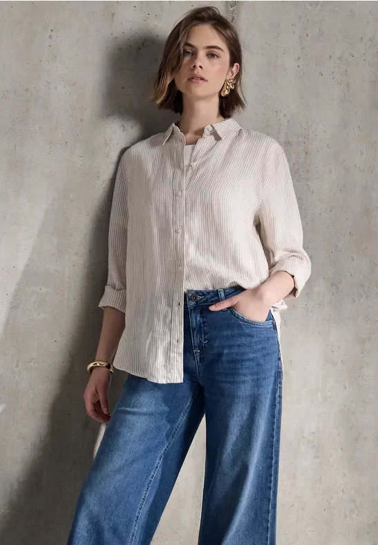 Street One Studio Frauen Gestreifte Leinen-Hemdbluse in Beige, Gr: 40