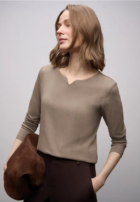 Street One Frauen Basic Shirt mit Rippstruktur in Braun, Gr: 40