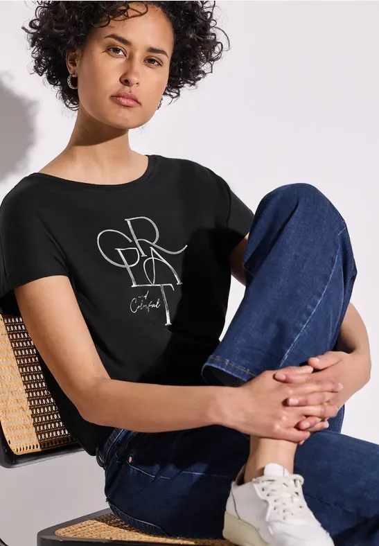 Street One Frauen T-Shirt mit Folien Wording in Schwarz, Gr: 36