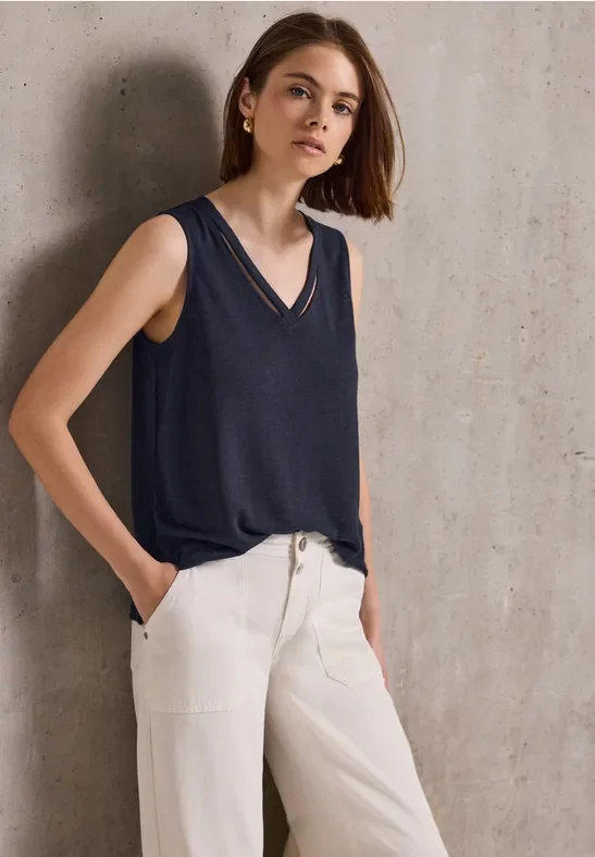Street One Studio Frauen Leinen-Look Top mit Cut-Outs in Blau, Gr: 44
