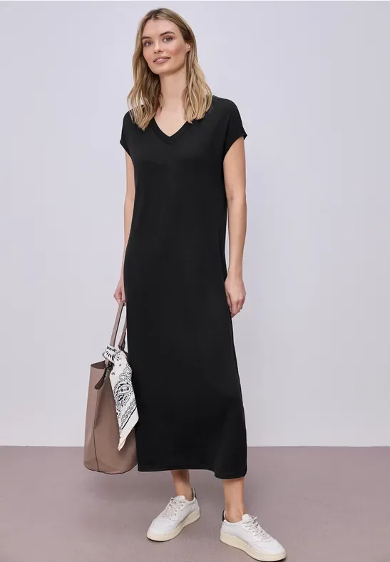 Street One Frauen Midi-Kleid mit V-Neck im Strick-Look in Schwarz, Gr: 36