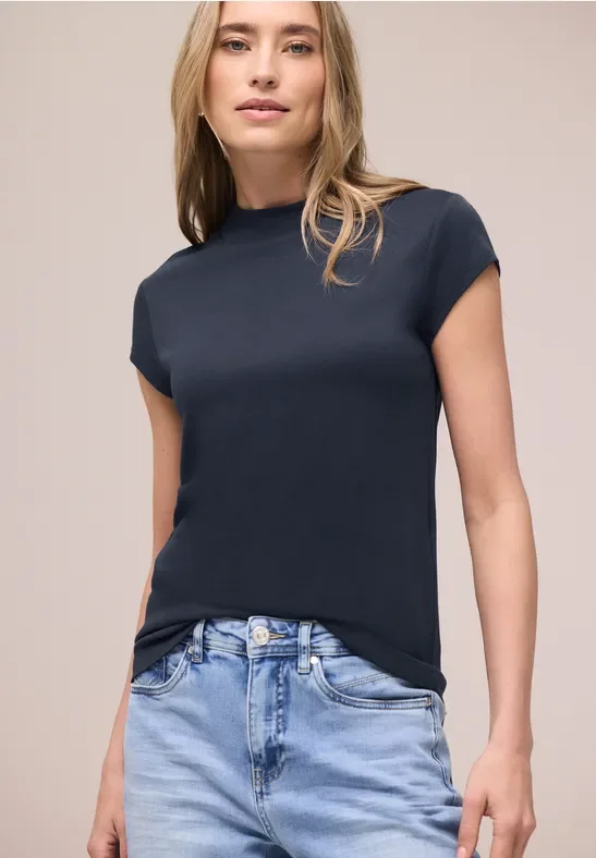 Street One Frauen Basic T-Shirt mit Turtle Neck in Blau, Gr: 38