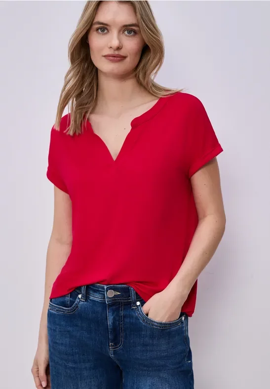 Street One Frauen T-Shirt mit Split Neck und Elastiksaum in Rot, Gr: 38