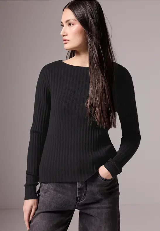 Thumbnail - Street One Studio Frauen Pullover mit Rippstruktur in Schwarz, Gr: 42