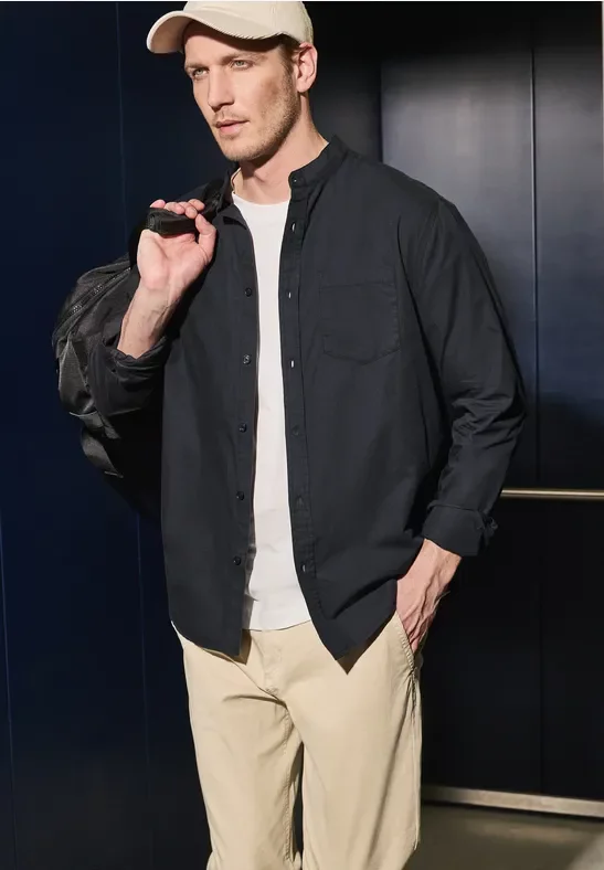 Street One MEN Männer Stehkragen Hemd in Schwarz, Gr: L